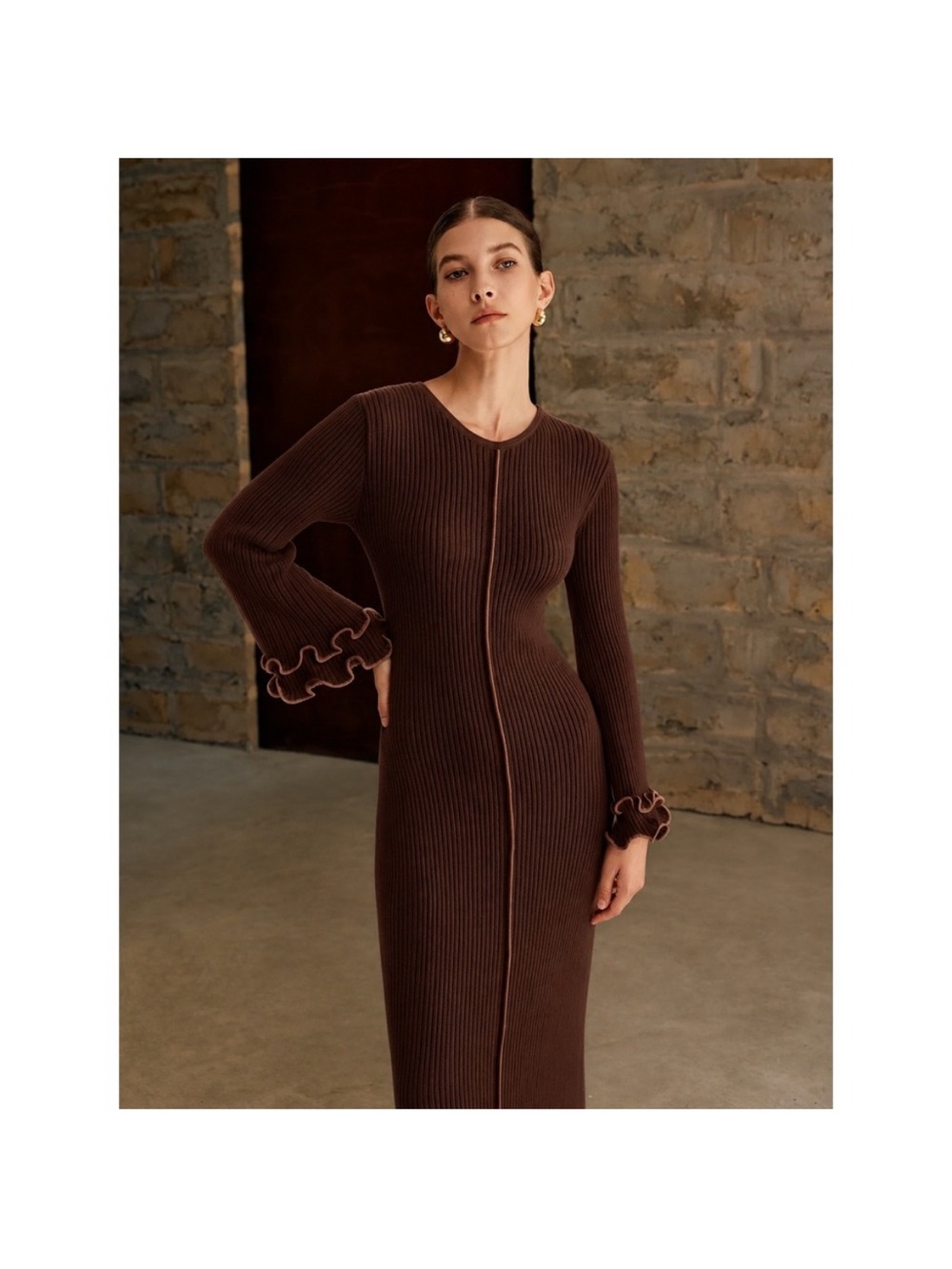 Commense Brown Ribbed Maxi Dress with Ruffle Cuffs - Picture 4 of 7